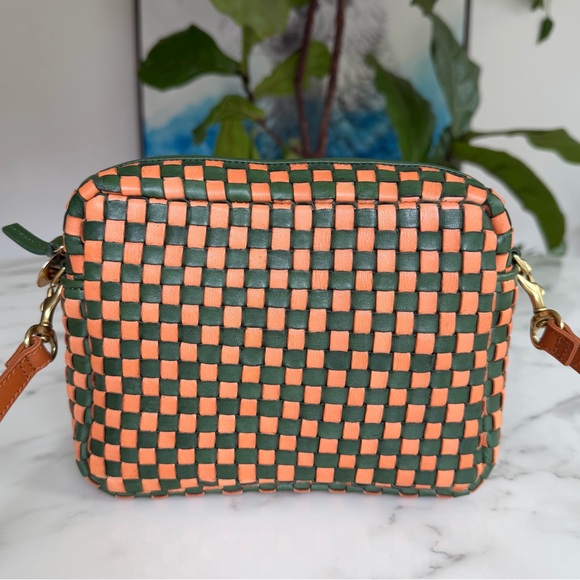 Clare V Midi Sac Safari Green & Coral Orange Woven Leather Checker Crossbody Bag - Picture 2 of 16